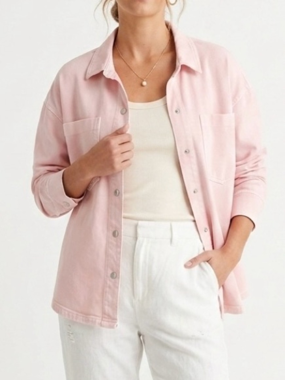 Jane + Delancey Pink French Terry Button Shacket Size L Elevated Casual Utility